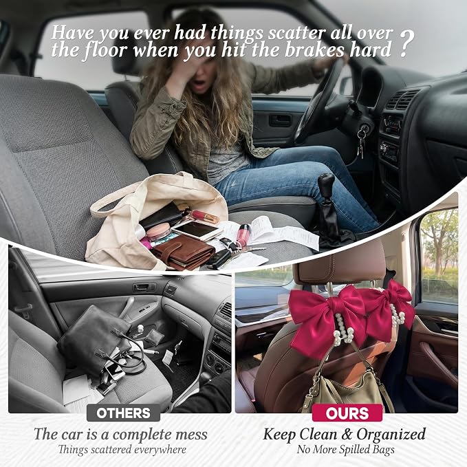 2PCS Satin Bow Pearl Car Seat Headrest Hooks – Car Bag Holder & Vehicle Hanger for Purses – Cute Coquette Aesthetic Interior Decoration – Cute Auto Organizer Accessories Universal (Berry Fuchsia) - Image 5