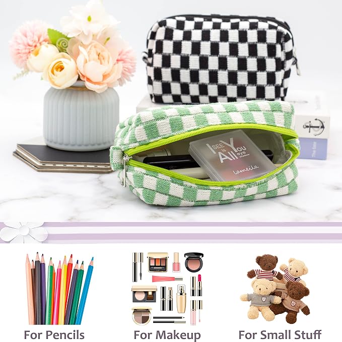 Checkered Makeup Bag for Purse, Small Cosmetic Pouch,Light Green,2 Pack | Cute Zipper Makeup Organizer for Women, Travel Essentials, Toiletries, Makeup Brushes, Beauty Accessories&Bridesmaid Gifts - Image 2