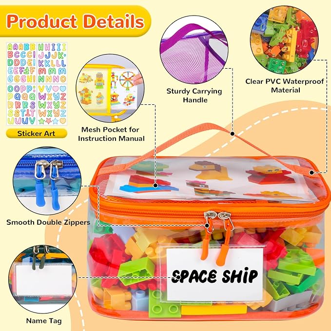 Tesuko 6 Pack Clear Toy Storage Bag with Name Tag& Manual Pocket, Waterproof Transparent PVC Toy Organizer Case for Lego Bricks, Board Games, Building Blocks, Puzzles (Large Capacity, Colorful) - Image 4