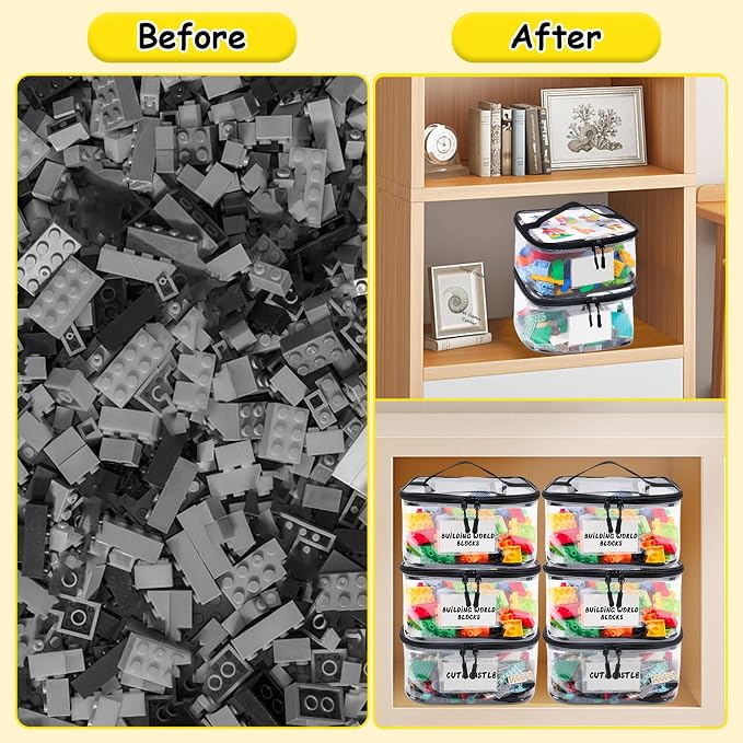 Tesuko 6 Pack Clear Toy Storage Bag with Name Tag& Manual Pocket, Waterproof Transparent PVC Toy Organizer Case for Lego Bricks, Board Games, Building Blocks, Puzzles (Large Capacity, Black) - Image 6