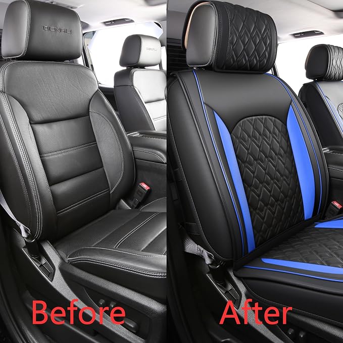 Chevy Silverado Seat Covers,Leather Seat Covers for GMC Sierra,Custom Fit 2007-2026 1500 2500HD 3500HD Crew Double Extended Regular Cab,LT LZT RST Trail Boss(Front Pair,Black Blue) - Image 4
