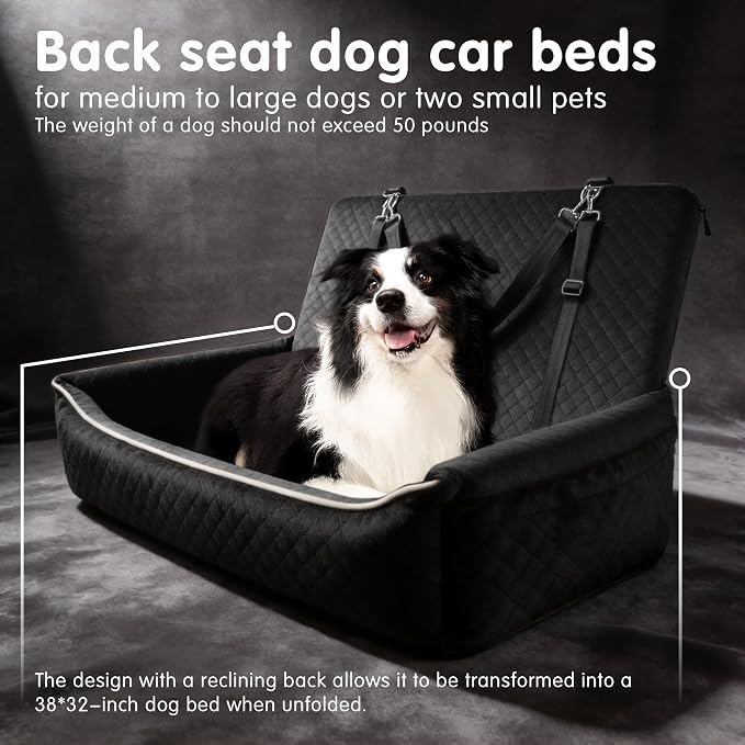 Large Dog Car Seat & Travel Bed-2-in-1 Dog Car Bed for Back Seat,Ultra-Soft Velvet Memory Foam,Snap Hook Seatbelt Loops,Non-Slip Bottom for Pets up to 50 lbs. - Image 2