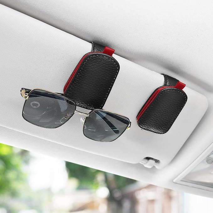 SINGARO Sunglasses Holder for Car, Leather Magnetic Buckle Sun Visor Sunglass Clip, Ticket Card Storage Glasses Clip, Car Interior Accessories for Men and Women（2PCS Black-red） - Image 2