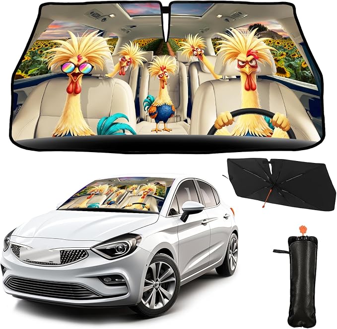 CHILL·TEK Funny Rooster Car Windshield Sun Shade Umbrella, Funny Chicken Car Sun Shade Umbrella, Block UV Rays Heat Foldable Windshield Umbrella Sun Visor Protector - Keep Vehicle Cool for Cars SUV by CHILL%C2%B7TEK