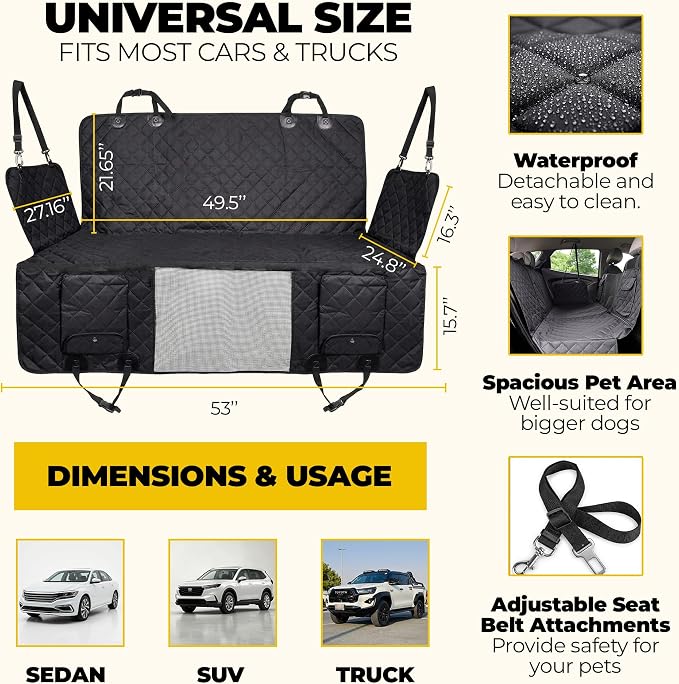 Pryze Dog Car Seat Cover for Back Seat with Mesh Window & Side Flaps | 100% Waterproof Dog Hammock for Cars Trucks & SUVs | 600D Heavy Duty Scratch Proof Nonslip | Easy Install & Machine Washable - Image 4