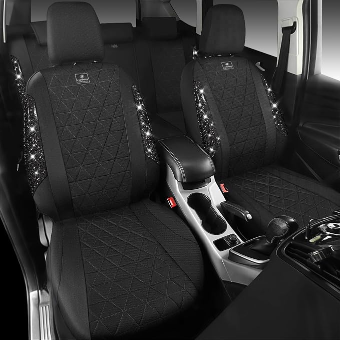 CAR PASS Oxford Bling Diamond Car Seat Covers Full Set Interior Sets, Waterproof Shining Glitter Sparkly Crystal Universal Armrest Fit 95% Automotive Truck SUV Cute Women Girl, All Black Rhinestone - Image 9
