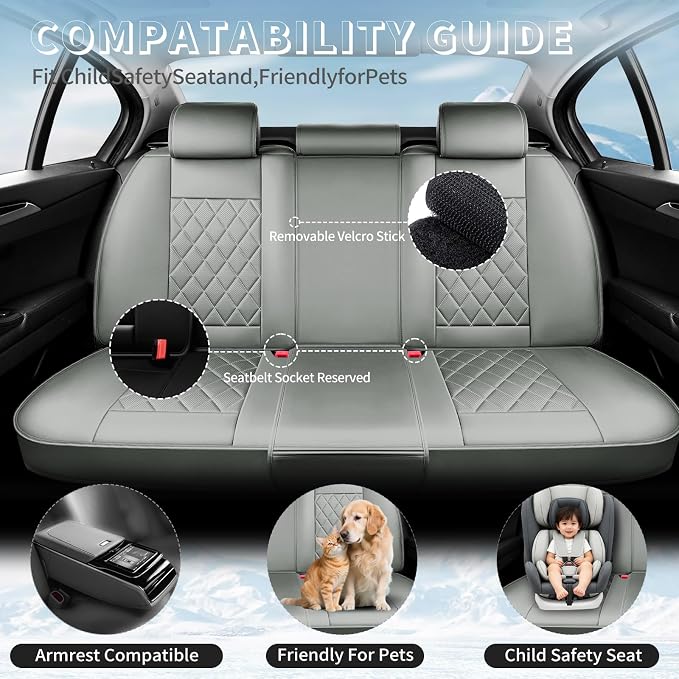 Fit Tacoma Premium Leather Car Seat Covers for Toyota Tacoma 2016-2022 2023 - Waterproof，Breathable，All-Weather Seat Cushion Protecto & Airbag Compatible, Full Set Gray - Image 3