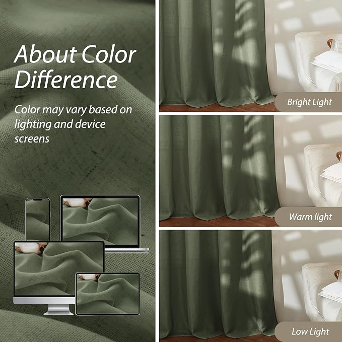 RYB HOME Linen Sheer Curtains 2 Panels for Living Room, Semi Transparent Privacy Drapes with Rod Pocket Farmhouse Style Window Treatments for Bedroom, Olive Green, 52" W x 84" L - Image 3