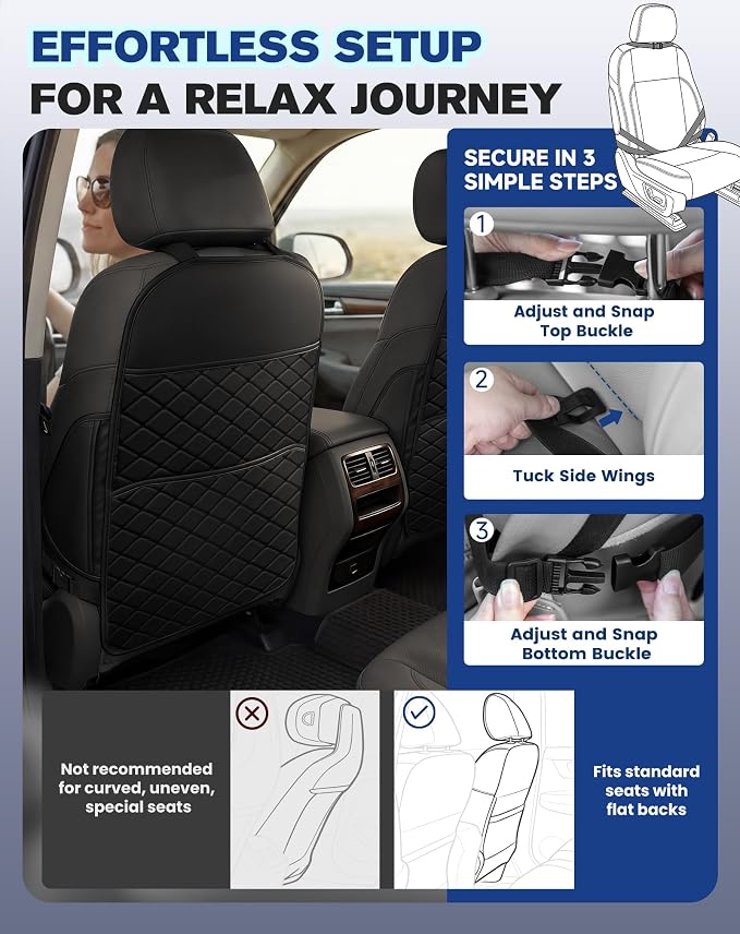 Seat Back Protectors for Kids, Car Kick Mats for Front Seats (Black) | With Large Pocket Organizer, Waterproof, Protects Against Dirt, Scuffs & Scratches, Fits Most Vehicles, 2PCS - Image 6