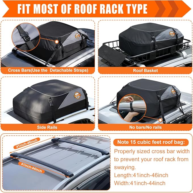 Sailnovo Rooftop Cargo Carrier roof Bag, 15 Cuft fit Cars with/Without Rack | Soft Waterproof Car Roof Bag,4 Tie-Down Straps, 4 Door Hooks,Foldable Car Top Carrier for Road Trip Camping Travel - Image 3