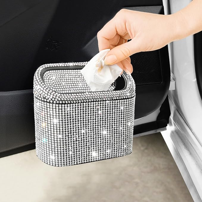 Accmor Bling Car Trash Can with 30pcs Garbage Bags, Vehicle Trash Bin with Lid Auto Dustbin Organizer Garbage Storage, Sparkling Crystal Mini Trash Container Holder - Image 7