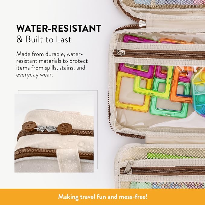 Kids Travel Organizer – Multi-Compartment, Water-Resistant Hanging Bag for Toys, Snacks, & Activities - Compact, Lightweight Design with Hook & Carry Handle - Perfect for Travel Use (Beige, Small) - Image 3