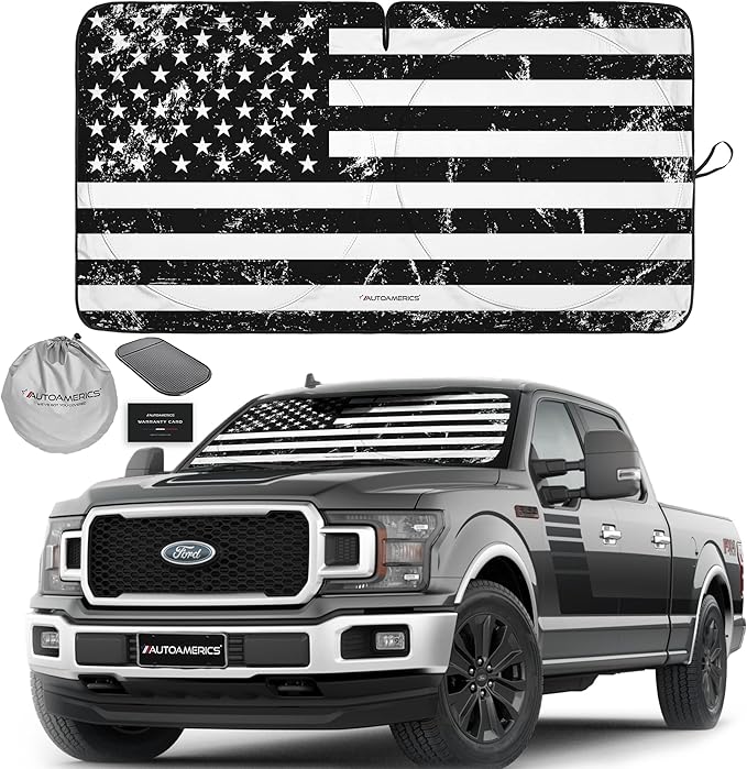 Autoamerics Truck Windshield Sun Shade with Storage Pouch & Anti-Slip Dash Pad - Foldable Grunge B&W USA Flag Design - Fits Most SUVs & Trucks - Reflective 230T Material | X-Large (66 x 36 inches) by AutoamericsUS