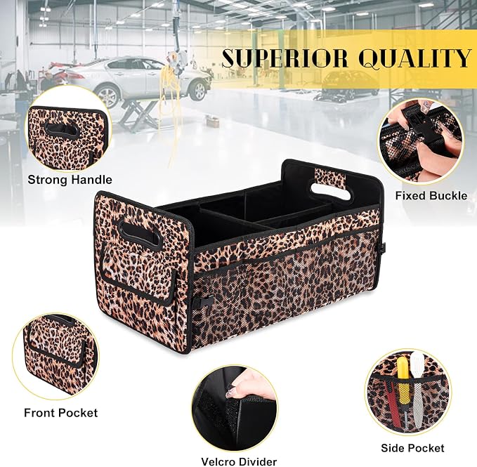 Car Trunk Organizer, Collapsible Car Organizers and Storage Leopard print | Sturdy, Large Capacity, Clean Decor, Multi Compartment Container Box, Adjustable Car Accessories for SUV Sedan Truck - Image 2