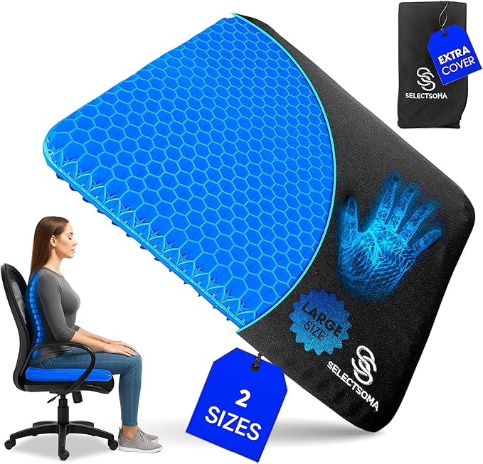 Gel Seat Cushion for Long Sitting, Pressure Relief for Sciatica, Tailbone, Coccyx & Back Pain, Office Chair, Wheelchair, Car & Truck – Large Size Blue Gel by SelectSoma