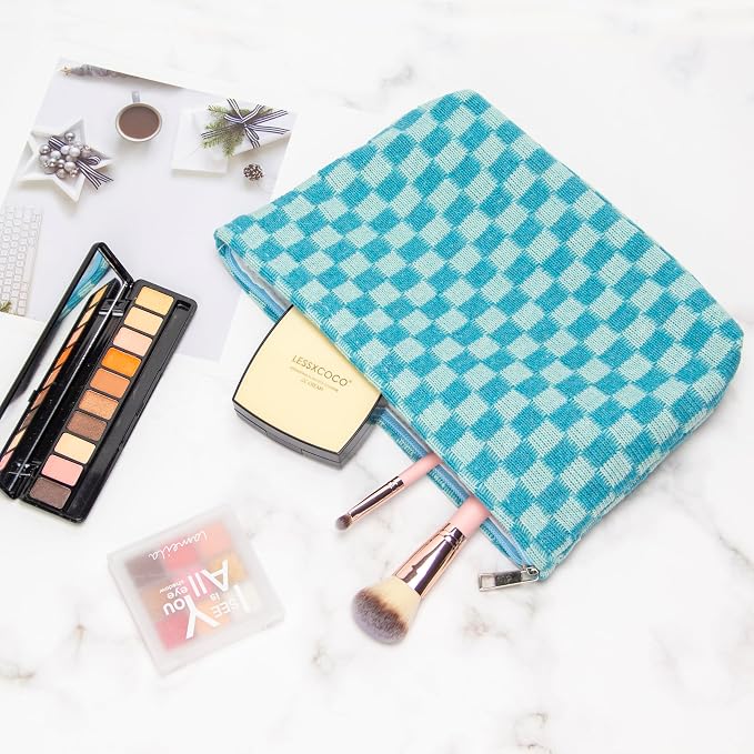 Checkered Makeup Bag for Purse, Small Flat Cosmetic Pouch,Lake Blue | Cute Zipper Makeup Organizer for Women, Travel Essentials, Toiletries, Makeup Brushes, Beauty Accessories&Bridesmaid Gifts - Image 4