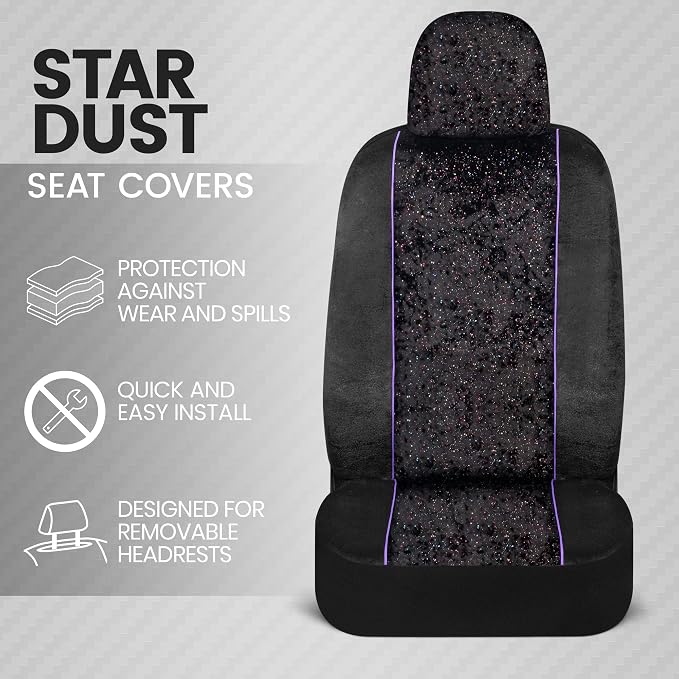 BDK Black Stardust Car Seat Covers for Front Seats, 2 Count.Glitter Pattern Front Seat Cover Set with Matching Headrest, Sideless Design for Easy Installation, Fits Most Car Truck Van and SUV (1 Pack) - Image 2