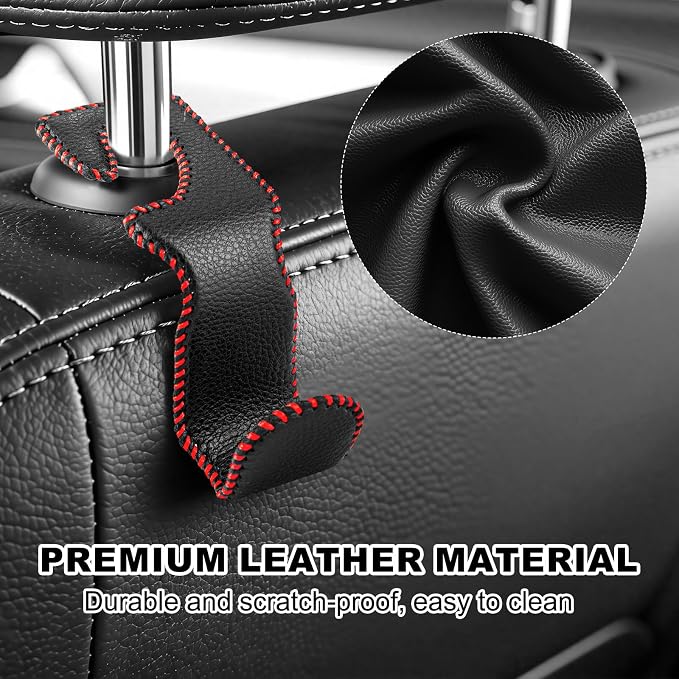 Car Seat Hooks for Purses and Bags, 2 Pack Car Purse Holder for Grocery Bag Handbag Clothes, Metal Headrest Hooks Covered by Leather, Black Red - Image 3