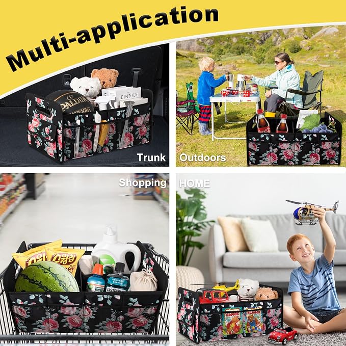 Car Trunk Organizer, Collapsible Car Organizers and Storage Black Floral | Sturdy, Large Capacity, Clean Decor, Multi Compartment Container Box, Adjustable Car Accessories for SUV Sedan Truck - Image 6