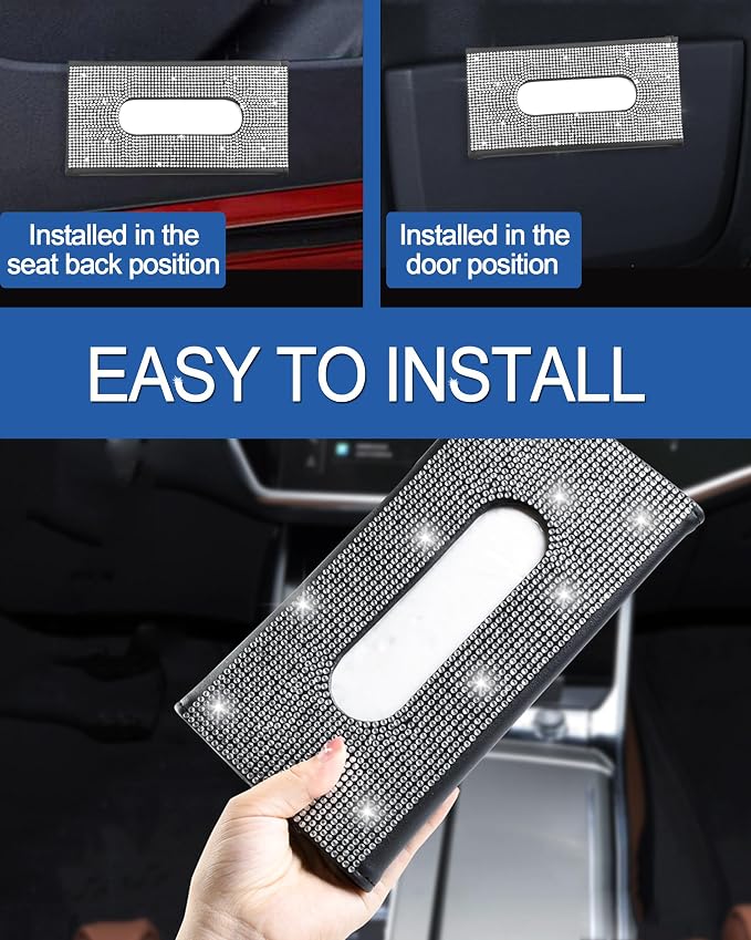Bling Car Sun Visor Tissue Box Holder, PU Leather Car Napkin Holder, Black | Car Tissue Holder, PU Leather, with Crystal Rhinestones, Backseat Napkin Case, auto interior Accessories, for Women - Image 3