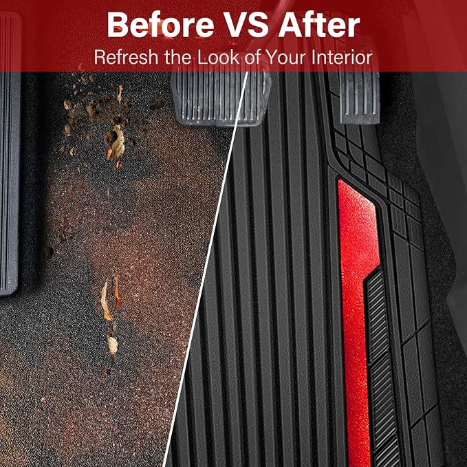 CAR PASS Heavy Duty Rubber Car Mats Metallic, Aluminum Film All Weather Floor Mats Waterproof Universal Trim to Fit Automotive SUV Sedan Van 4 Piece Anodized Deep Dish Two-Tone Sporty Black Red Chrome - Image 6