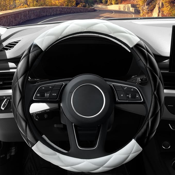 YHONGJT Cute Soft Microfiber Leather Anti-Slip Steering Wheel Cover, Universal 15 Inch for Women Girls, Fit Vehicles, Sedans, SUVs, Vans, Trucks - Black and White - Image 2