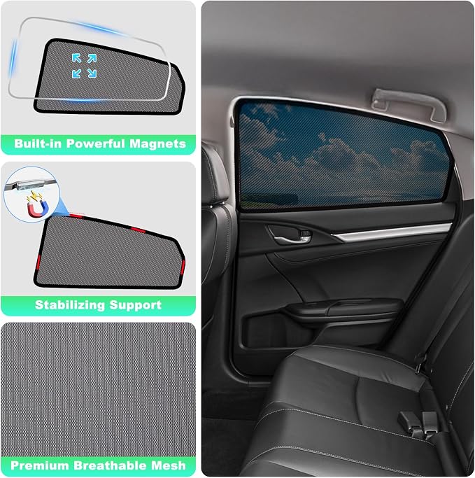 Civic Window Shades 2016-2021, Rear Side Mesh, 2PCS | Custom Fit Window Shades, Breathable Mesh Blocks UV Rays, Reduces Heat & Glare, Creates Comfort for Babies & Rear Passengers - Image 6