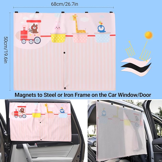Magnetic Car Window Shades for Baby 1 Pack Cartoon Sun Shade for Side Window Double Layer UV Protection No Suction Cups Required Car Curtains for Toddlers, Fits Most SUVs & Sedans (Pink) - Image 4
