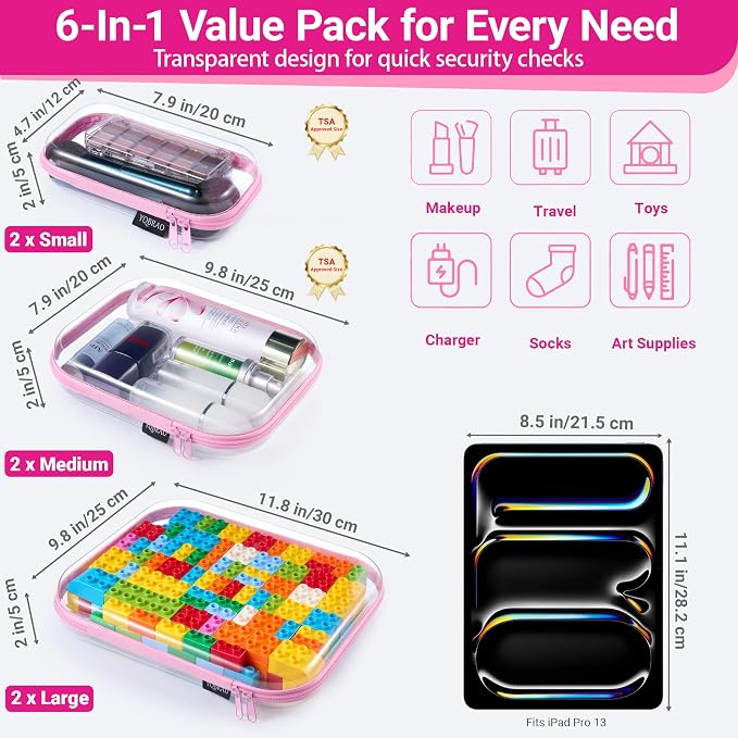 YQBRAO Clear Hard Shell Zipper Cases, 6 Multi-Size Organizers, Pink | Rigid clear shells in three practical sizes organize toiletries, cosmetics, cables, stationery and household essentials - Image 4