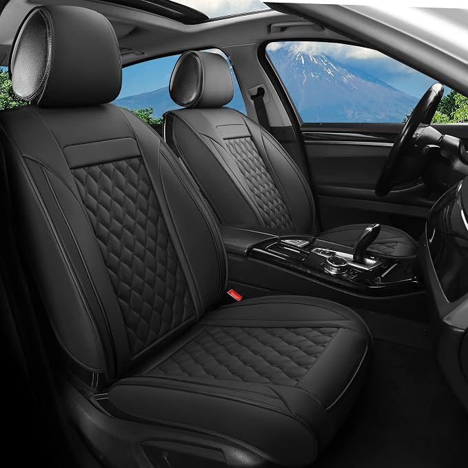 Car Seat Covers Front Pair,Universal Fit for Most Cars,SUV,Sedans and Pick-up Trucks,Automotive Faux Leather Vehicle Cushion Covers(Front Pair,Black) by Vankerful