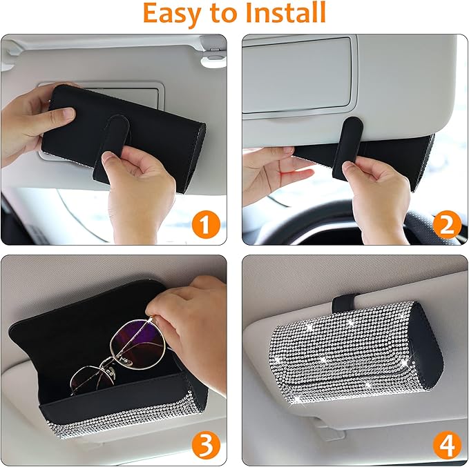 Accmor Bling Sunglasses Holder for Car Sun Visor, Sparkling Eyeglasses Car Visor Clip Storage Glasses Organizer Case, PU Leather Auto Sunglass Holder Protective Box for Truck, SUV, RV (White) - Image 3