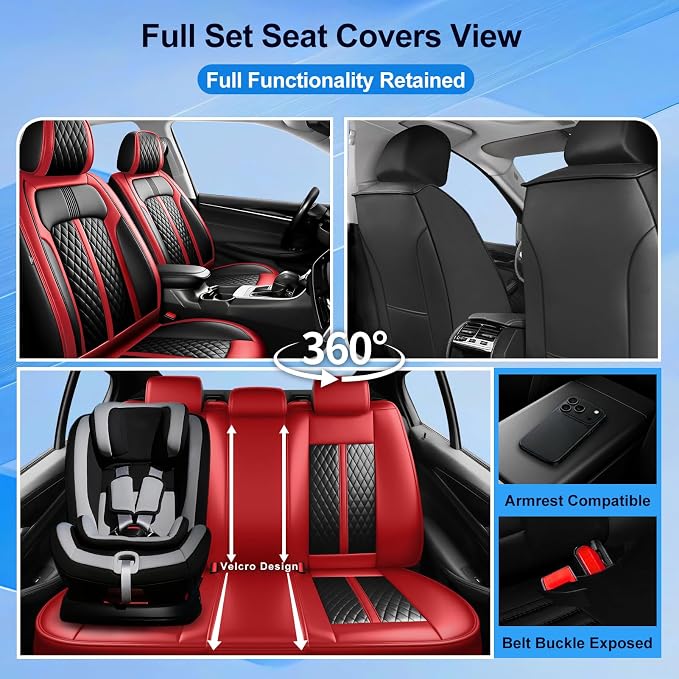 Fit CX-9 Seat Covers Custom Fit for Mazda CX-9 2007-2024, Front Pair | Premium Leather Full Coverage Protectors, Waterproof, Breathable, Scratch Resistant, Easy Wipe, Airbag Compatible, Black+Red - Image 2