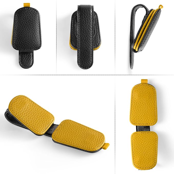 SINGARO Sunglasses Holder for Car, Leather Magnetic Buckle Sun Visor Sunglass Clip, Ticket Card Storage Glasses Clip, Car Interior Accessories for Men and Women（Black-Yellow） - Image 4