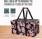 Extra Large Utility Tote Bag, Oversized Collapsible Reusable Wire Frame Rectangular Canvas Basket With Two Exterior Pockets For Beach, Pool, Laundry, Car Trunk, Storage - Rose - Image 6