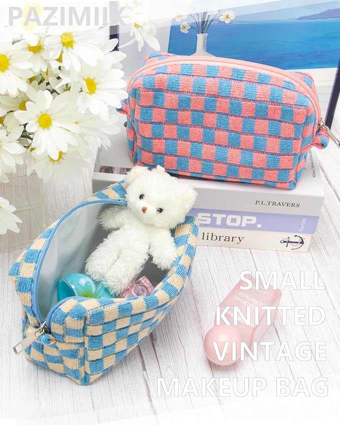 Checkered Makeup Bag for Purse, Small Cosmetic Pouch,Blue Beige,2 Pack | Cute Zipper Makeup Organizer for Women, Travel Essentials, Toiletries, Makeup Brushes, Beauty Accessories&Bridesmaid Gifts - Image 6