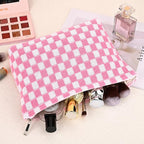 SOIDRAM 2 Pieces Makeup Bag Large Checkered Cosmetic Bag Capacity Canvas Mix Travel Toiletry Bag Organizer Cute Makeup Brushes Aesthetic Accessories Storage Bag for Women, Pink checkered - Image 6