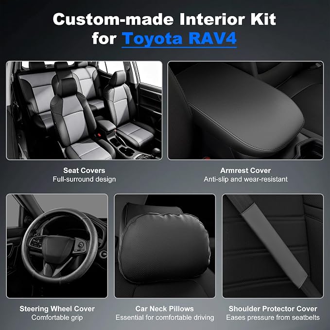 AOMSAZTO Car Seat Covers for Toyota RAV4 2019-2025 Hybrid,Not for SE&XSE | Custom Fit 5-Piece Set Includes Neck Pillows,Armrest Cover,Steering Wheel Cover and Seat Belt Covers-Faux Leather Black&Gray - Image 3