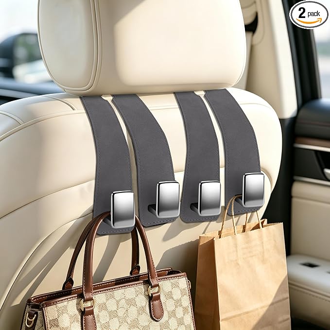 Amooca 2 Pack Car Headrest Hooks, Premium Suede with Metal Hook Car Seat Back Storage Hanger for Purses, Handbags，Grocery Bags - Gray by Amooca