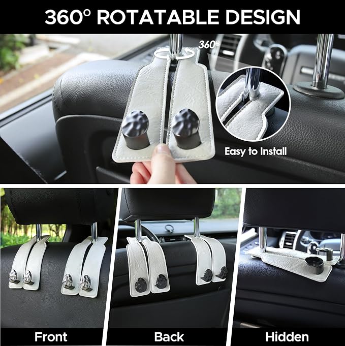 Leather Car Purse Hook for Headrest, 4 Pack, White-Black | Twin Hooks Headrest Hangers, 2/4 Pack, No-Slip, Scratch-Proof, Holds Purses, Backpacks, Grocery Bags, Car Organizer Gift - Image 4