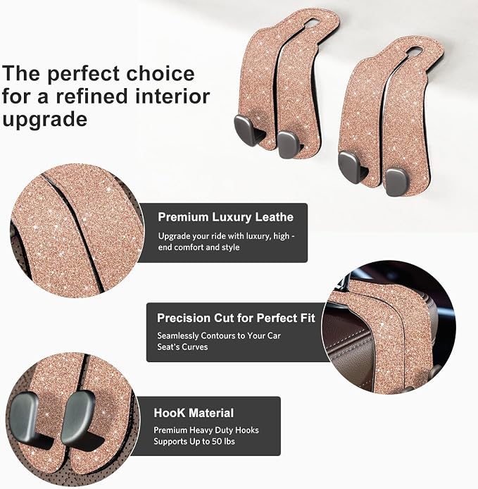 CoBak Purse Hook for Car - Universal Premium Stitched Leather and Aluminum-Magnesium Alloy Double Car Seat Back Storage Hook for Purses, Handbags, Bags (2 Pack),Glitter Rose - Image 3