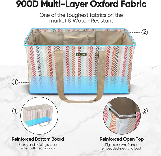 BALEINE Extra Large Utility Tote Bag with Reinforced Wire Frame, Reusable Grocery Bag for Shopping, Picnic (Color Stripe, 22''x12''x10'') - Image 2
