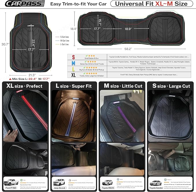 CAR PASS Tire Tread DeepDish Rubber Floor Mats for car Heavy Duty car mats All Weather, Universal XL~M Trim to Fit for Truck SUV Vehicle Automotive, Waterproof car mats 3 Piece (Purple Black) - Image 8
