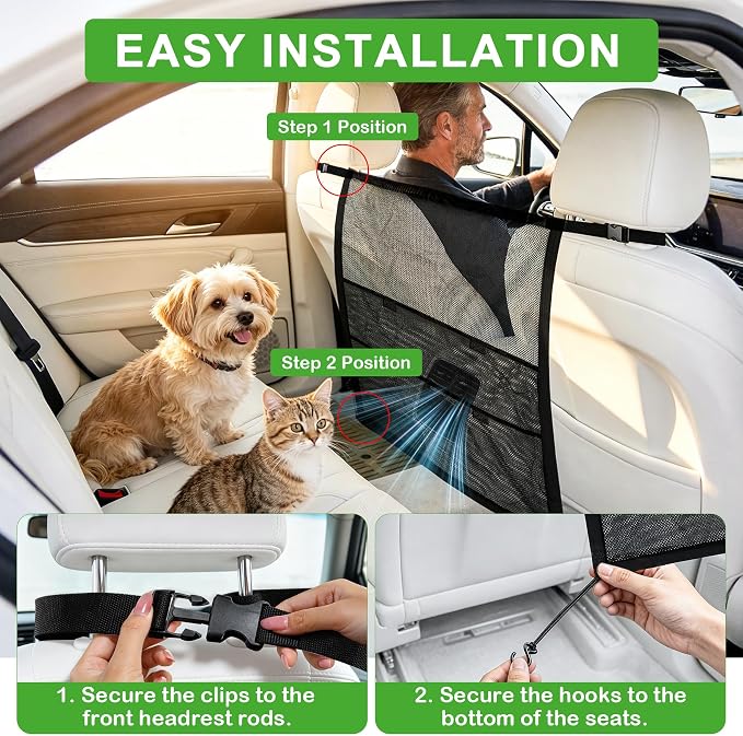 Dog Car Barrier, Dog Car Net Barrier, Dog Barrier for SUV Car Truck | Car Dog Barrier with 2 Large Storage Pockets, Adjustable Top & Bottom Straps, Dog Net for Car, Car Divider for Dogs, Pets - Image 4