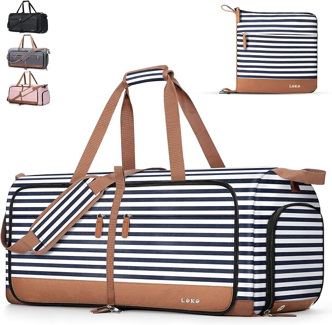 Lekesky Foldable Travel Duffle Bag for Women, Large Duffel Bag with Separate Shoes Compartments & Straps, Carry On Weekend Bag for Women, Hospital, Overnight (Blue Stripe, 150L) by LEKESKY