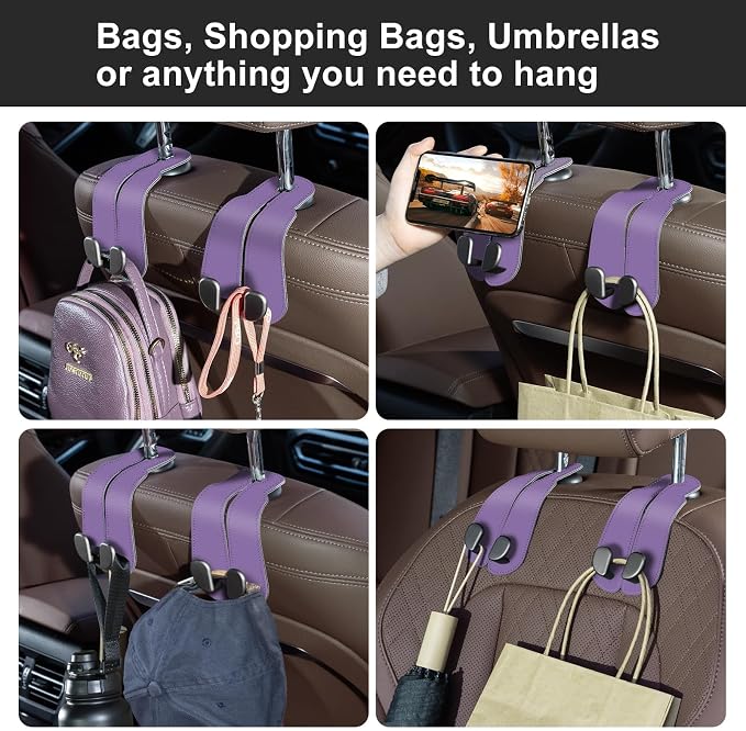 CoBak Purse Hook for Car - Universal Premium Stitched Leather and Aluminum-Magnesium Alloy Double Car Seat Back Storage Hook for Purses, Handbags, Bags (2 Pack),Amethyst Purple - Image 4