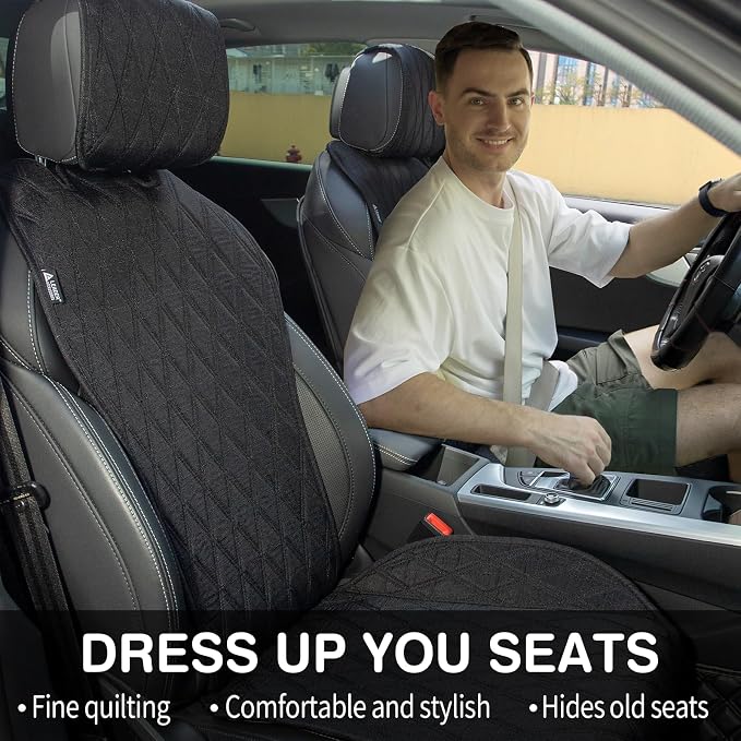 Leader Accessories 2pcs Sideless Front Seat Covers for All Seasons, Black | Breathable Faux Linen Seat Cushions, Non-Slip Bottom With Headrest Protectors, Universal Fit For Car Van SUV Pickup Truck - Image 3