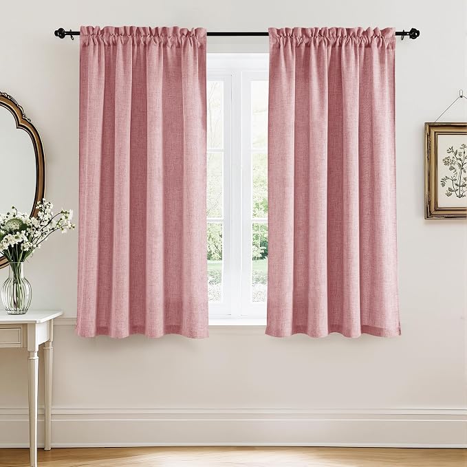 RYB HOME Linen Textured Semi Sheer Curtains 63 inches Long for Living Room | Half Privacy, Light Filtering, Faux Linen Blend, Office Nursery Laundry Dorm Bathroom, Peach Blush, 2 Panels Set by RYBHOME