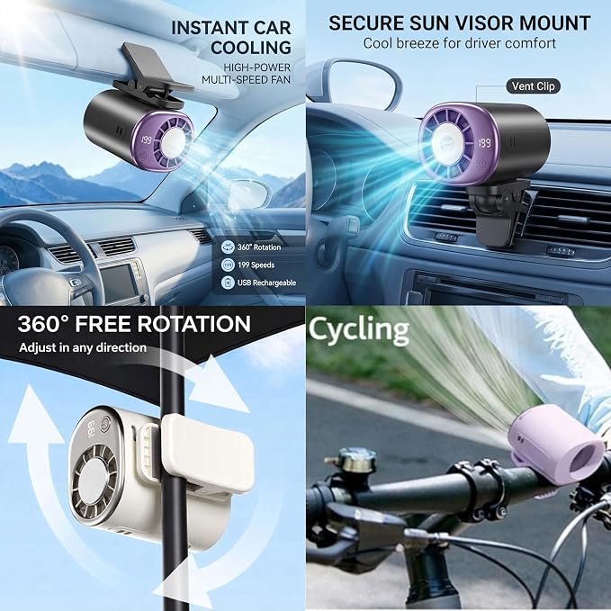2026 Clip-on Car Air Conditioner Fan,Neck-style ice compress fan,with LED Display,360° Rotatable, 200 Speed Settings, Rechargeable Handheld Device,Suitable for Vehicles,waist,Office,Outdoor Use - Image 7