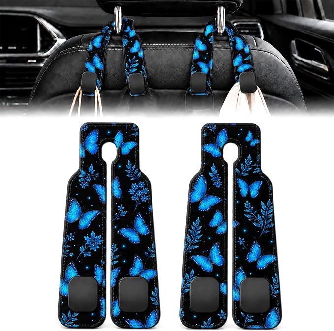 2 Pack Blue Butterfly Car Headrest Hooks for Purse Seat Back Hanger | Blue Butterfly Car Accessories Metal Hook, Nature Gifts for Women, PU Leather Double Hook for Backseat Organizer by Z-synka