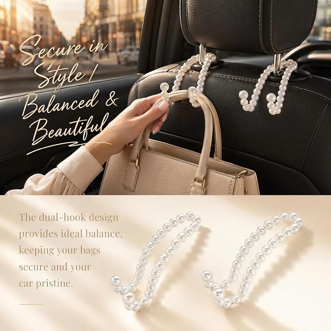2PCS Elegant Pearl Car Seat Headrest Hook, Cute Seat Pearl Hanger Storage Organizer, Multifunctional Headrest Purse Hook Interior Decoration for Women Girls - Image 4